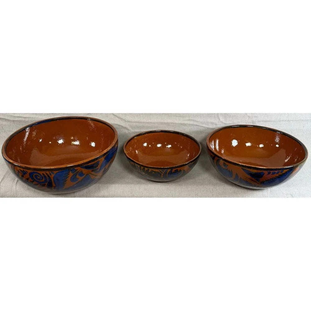 Vintage Handmade Mexican Tonala Pottery Nesting Bowls Set of 3 Terracotta Blue